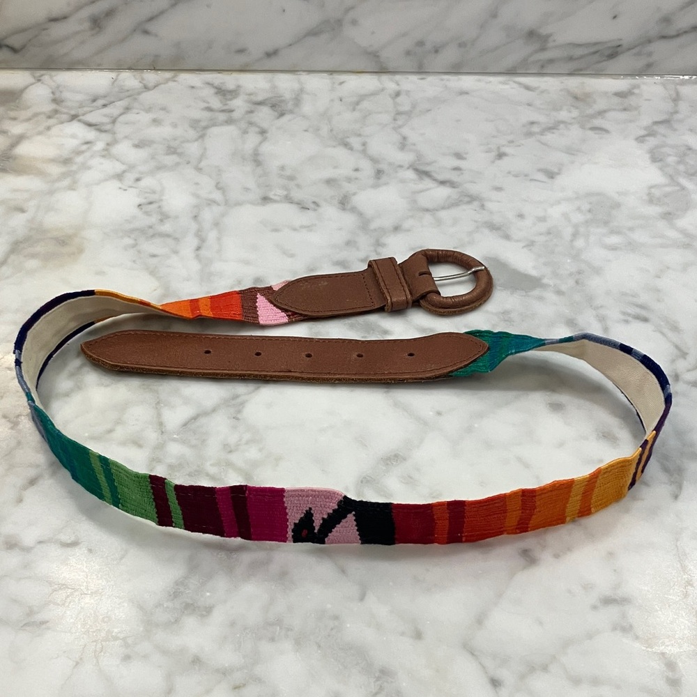 Vintage Colorful Striped Belt with Brown leather Buckle adjustable Guatemala OS - Picture 5 of 17